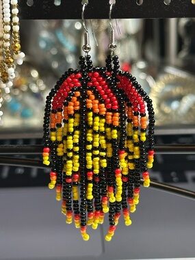 Handmade Beaded Fringe Earrings - Red, Orange & Yellow